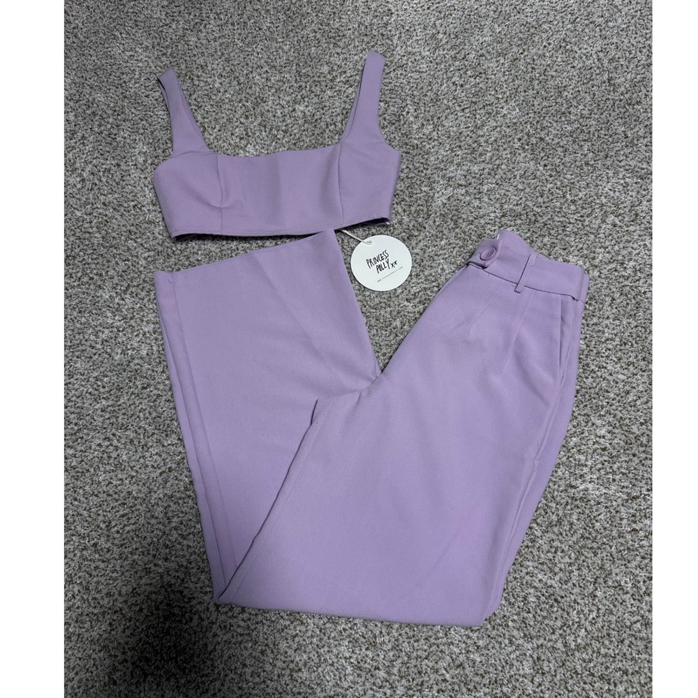 Princess Polly Huxley Lilac Purple Two Piece Set Crop Top Wide Leg Pants US 2/4